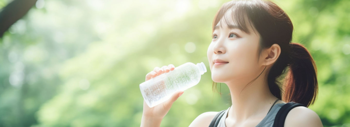 ペットボトルで水分を補給する女性