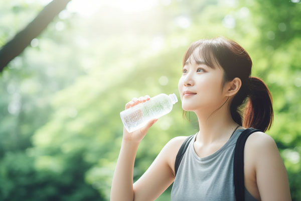 自然の中、ペットボトルから水を飲む女性
