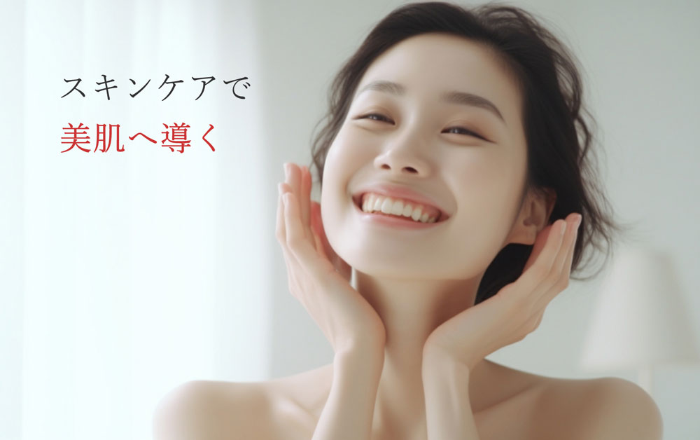 笑顔でスキンケアする美肌の女性